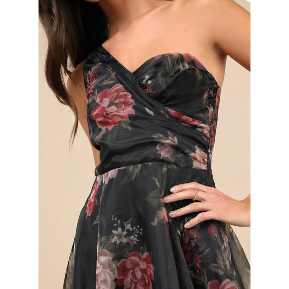 New Lulus Gown-Truly Extraordinary Black Floral Organza One-Shoulder Maxi Dress - Picture 7 of 8